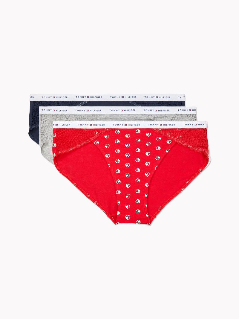 Női Tommy Hilfiger Pamut And Csipke Trim 3PK Bikinis Piros | HU 538XYU